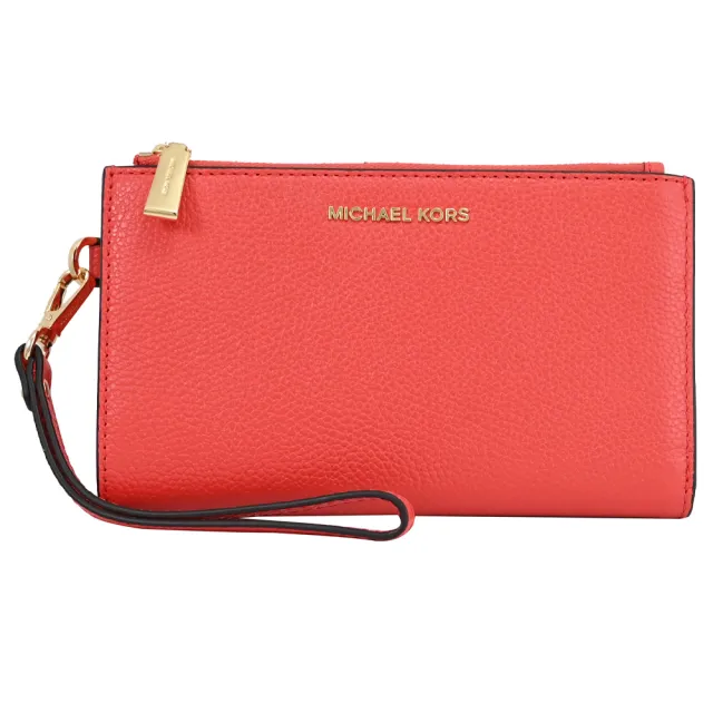 【Michael Kors】新版金屬LOGO荔枝皮革手提式雙拉鍊手機零錢長夾(橘紅)