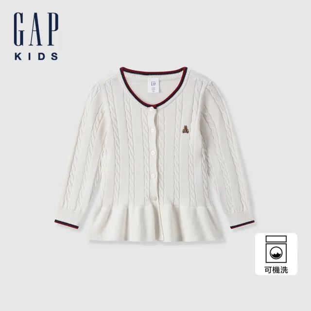 【GAP】女幼童裝 純棉小熊刺繡圓領長袖針織衫-象牙白(643385)