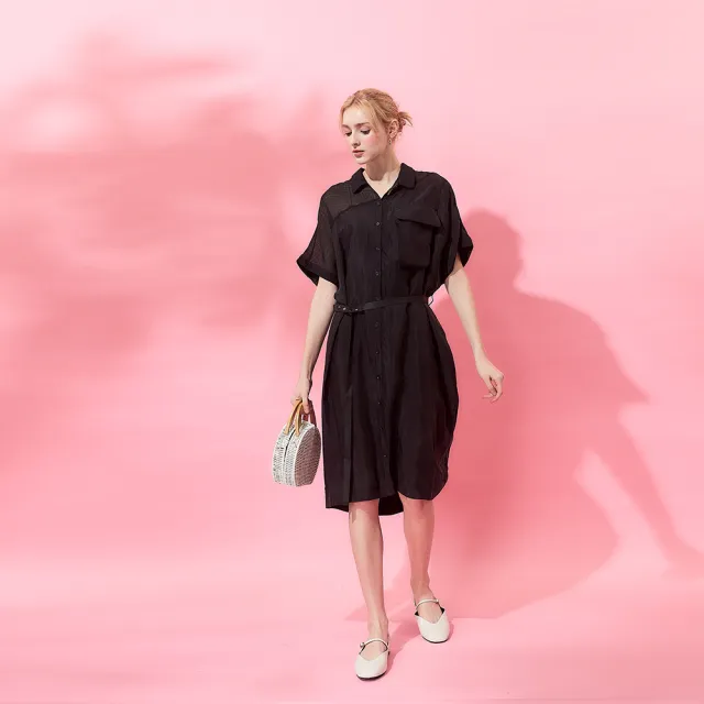 【ICHE 衣哲】Cop.Copine 法式棉籽絨開襟短袖洋裝-黑色