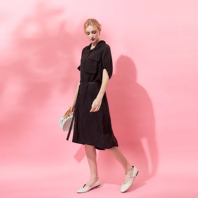 【ICHE 衣哲】Cop.Copine 法式棉籽絨開襟短袖洋裝-黑色