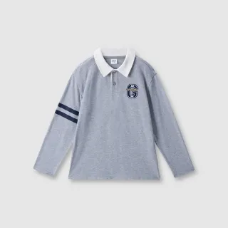 【GAP】兒童裝 Logo純棉刺繡長袖POLO衫-灰色(641912)