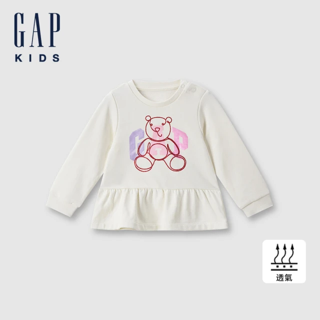 GAP 女幼童裝 Logo小熊印花圓領長袖上衣 碳素軟磨法式圈織系列-象牙白(643192)