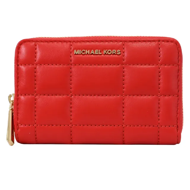 【Michael Kors】簡約金屬車線格紋信用卡證件名片零錢包(紅)