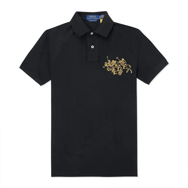 【RALPH LAUREN】RL POLO 經典立領刺繡大馬短袖Polo衫-黑色 上衣(CUSTOM SLIM FIT/平輸品)