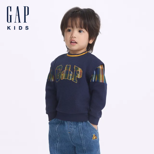 【GAP】男幼童裝 Logo刺繡圓領大學T 熊抱Logo系列-海軍藍(646134)