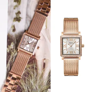 【GUESS】白面 玫瑰金殼 米蘭+不鏽鋼錶帶 晶鑽方型手錶 女錶 年中慶(W0826L3)