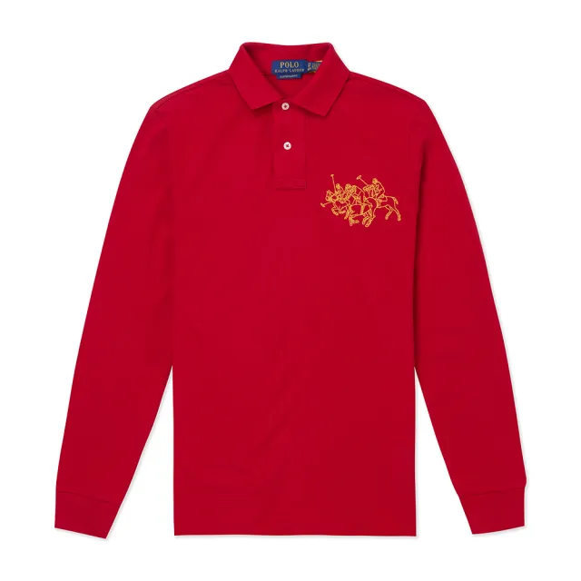 【RALPH LAUREN】RL POLO 經典立領刺繡大馬長袖Polo衫-紅色 上衣(CUSTOM SLIM FIT/平輸品)