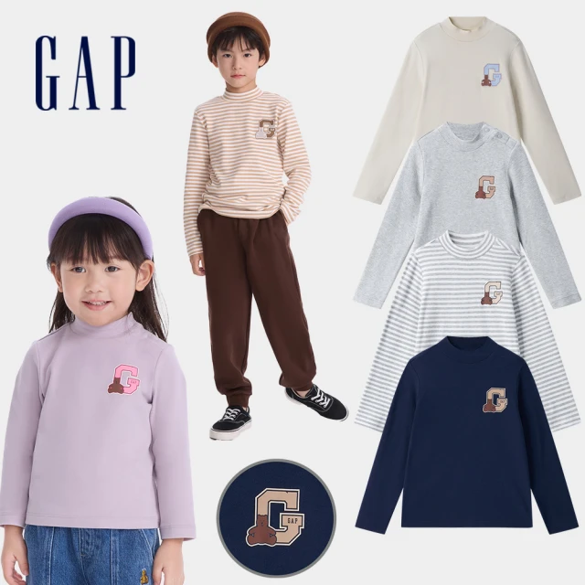 GAP 兒童裝 Logo小熊印花立領長袖T恤-米白色(646048)