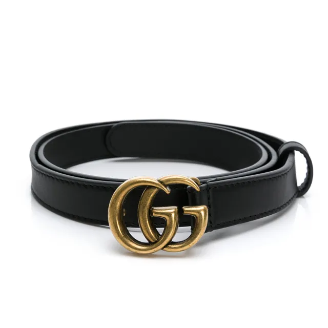 【GUCCI 古馳】經典仿舊金色雙G LOGO滑面細版腰帶/皮帶(409417/寬2CM)