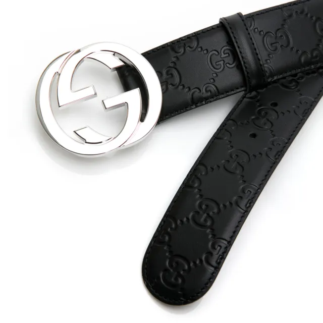 【GUCCI 古馳】經典雙G 銀LOGO 壓紋皮帶(411924/寬4CM)