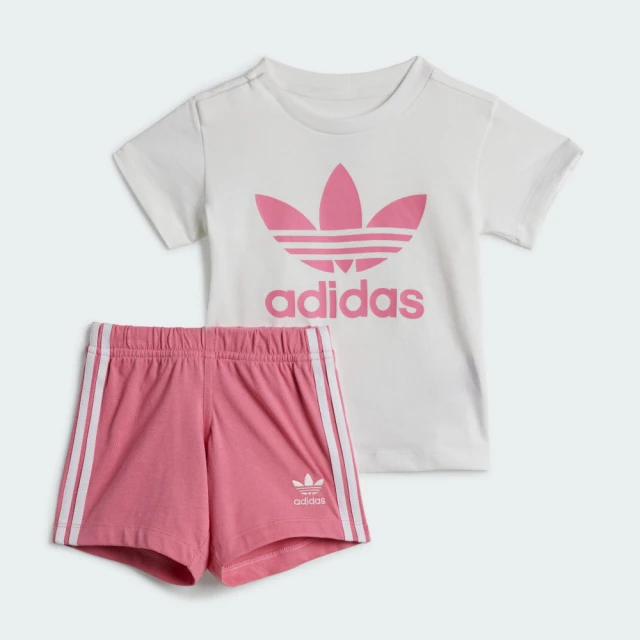 adidas 愛迪達 套裝 短袖上衣 童裝 大童 女童 運動 三葉草 SHORT TEE SET 白粉 JE0523