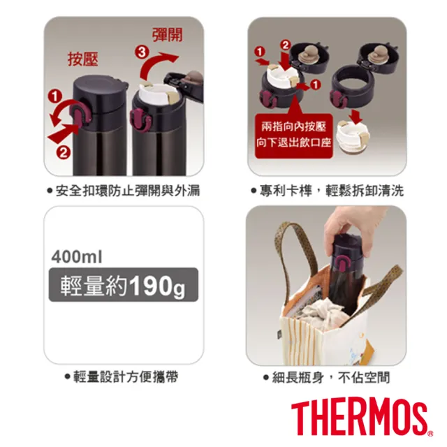 【THERMOS膳魔師】不鏽鋼超輕量彈蓋真空保溫瓶400ml(JNI-401)