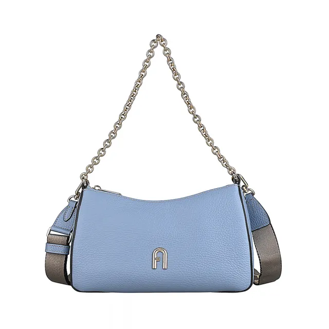 【FURLA 芙拉】FURLA PRIMULA經典拱門壓印金字LOGO粒面紋牛皮拉鍊手提斜背包(迷你/深粉藍)