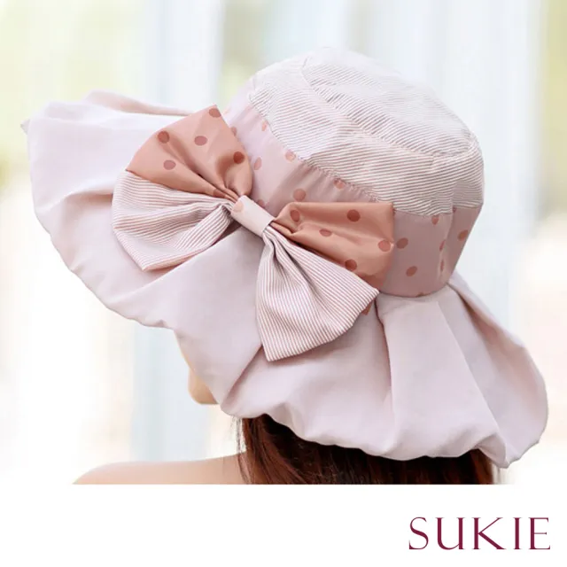 【Sukie】遮陽帽/清新條紋圓點拼接蝴蝶結造型柔美大帽檐遮陽帽(3色任選)
