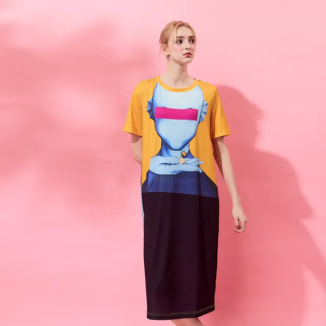 【ICHE 衣哲】Cop.Copine 法式手繪塗鴉時尚休閒系造型長版洋裝