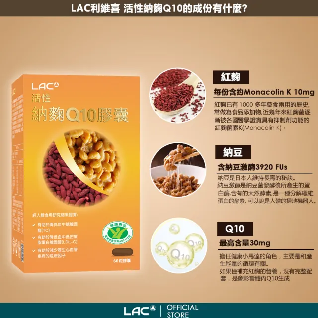 【LAC 利維喜】活性納麴Q10膠囊x3盒組(共180顆/納豆/降低膽固醇/台灣紅麴/黃少祺代言/健字號/送禮)