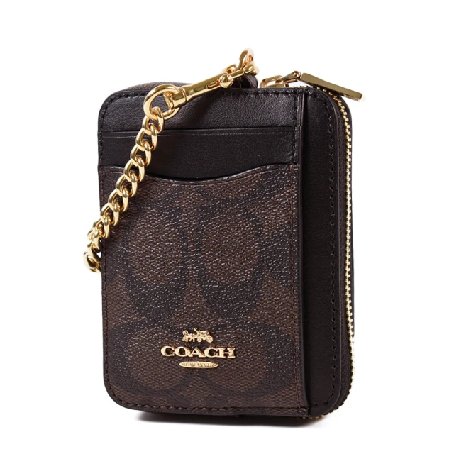 COACH 緹花LOGO鍊帶證件零錢包-咖啡色