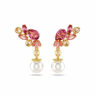 【SWAROVSKI 施華洛世奇】Gema 水滴形耳環 混合式切割水晶珍珠 花朵 粉紅色 鍍金色色調(情人節禮物)