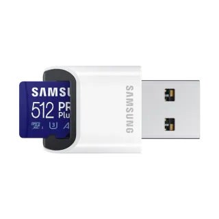 【SAMSUNG 三星】PRO Plus microSDXC U3 A2 V30 512GB記憶卡 含高速讀卡機 公司貨(Switch/ROG Ally/GoPro)