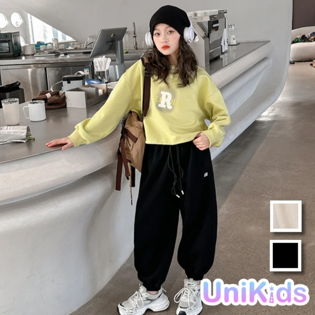 UniKids 中大童裝2件套裝字母長袖T恤休閒長褲 女大童裝 CVYBB2423(黃衣米褲 黃衣黑褲)