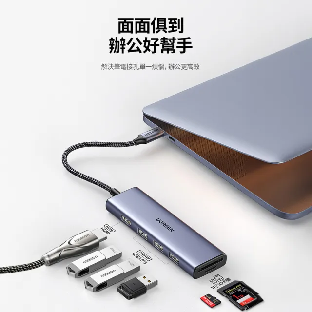 【綠聯】六合一Type-C集線器 標準版(USB3.0*3+HDMI+TF/SD HUB/台灣創惟晶片)