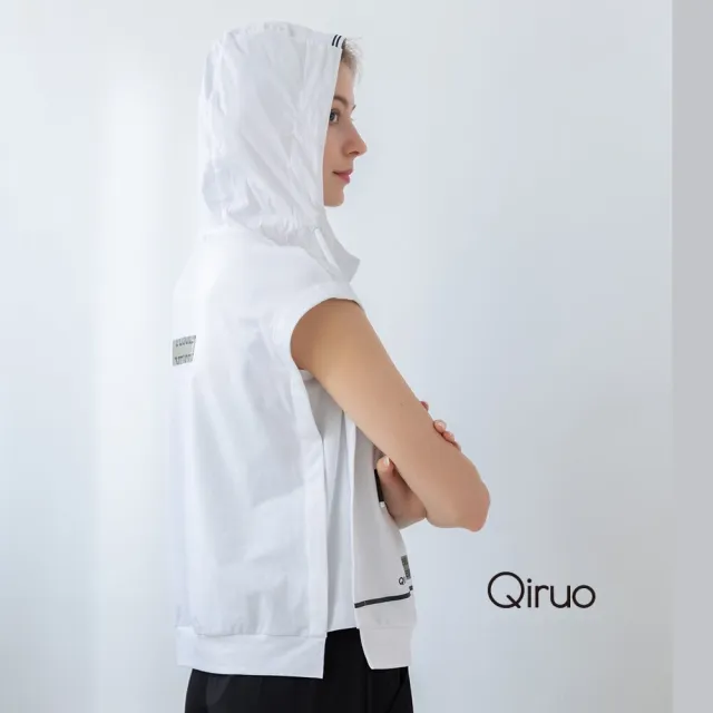 【Qiruo 奇若名品】厚棉 連帽背心拉鍊式 下擺滾黑線白色上衣8132A