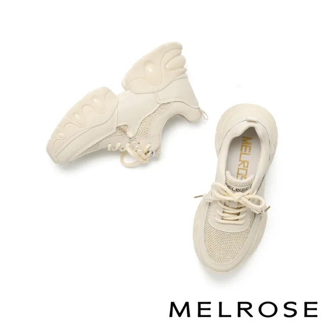 【MELROSE】雙11 美樂斯 率性甜酷珍珠鑽釦網布拼接牛皮厚底休閒鞋(白)