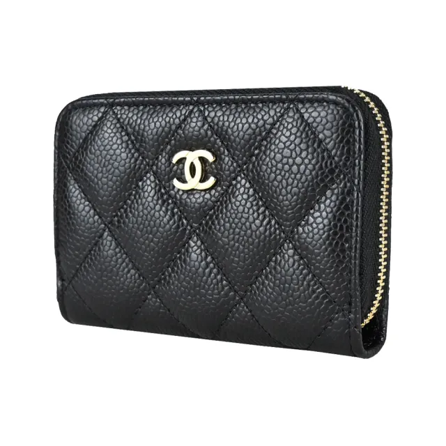 【CHANEL 香奈兒】雙C LOGO菱格紋小牛皮拉鍊零錢包(黑色)