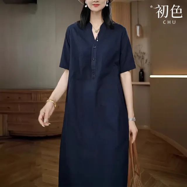 【初色】文藝純色休閒透氣寬鬆顯瘦V領短袖連衣裙連身洋裝長洋裝-共4色-36943(M-2XL可選)