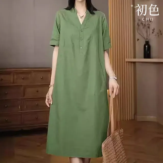 【初色】文藝純色休閒透氣寬鬆顯瘦V領短袖連衣裙連身洋裝長洋裝-共4色-36943(M-2XL可選)