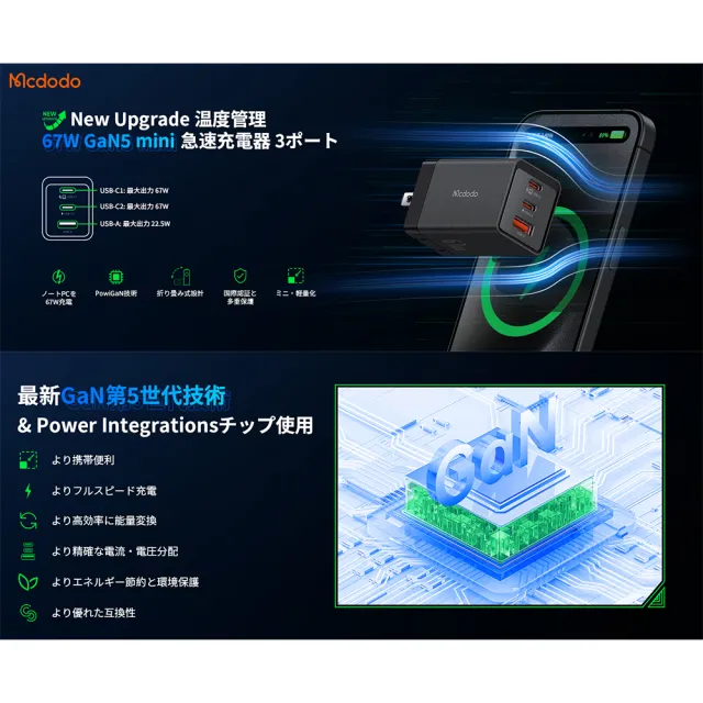 【麥多多 Mcdodo】GaN 67W Pro 氮化鎵充電器(Type C/USB 三孔PD快充)