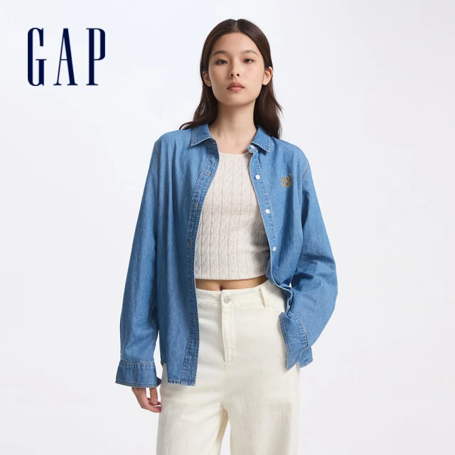 GAP 女裝 Logo純棉刺繡翻領長袖牛仔襯衫-中度水洗(622871)