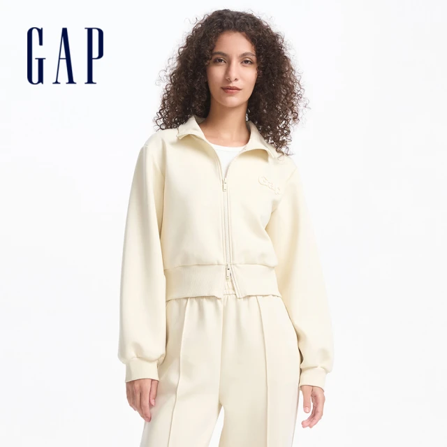 GAP 女裝 Logo翻領外套 空氣三明治系列-米色(638416)