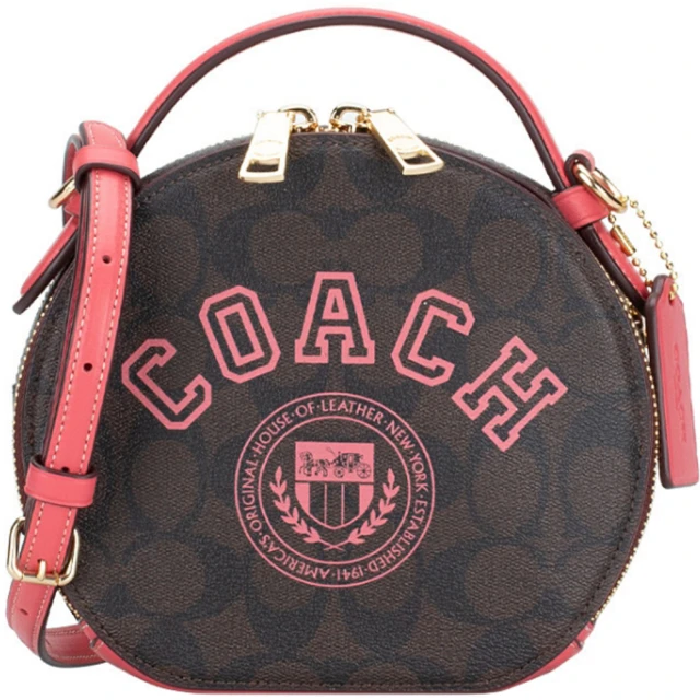 COACH 桃粉紅X深咖啡PVC滿版LOGO雙拉鍊手提斜背圓餅包