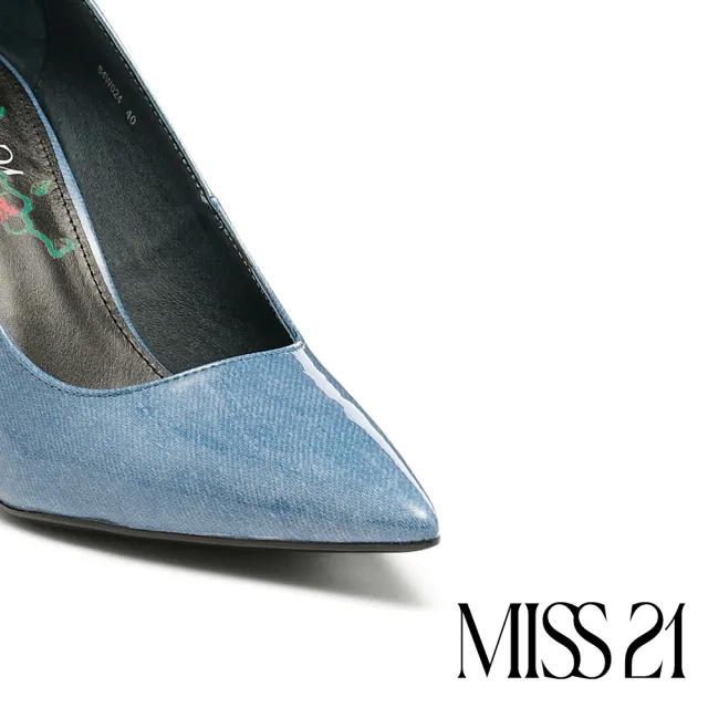 【MISS 21】叛逆搖滾少女丹寧玫瑰花LOGO全真皮尖頭高跟鞋(藍)
