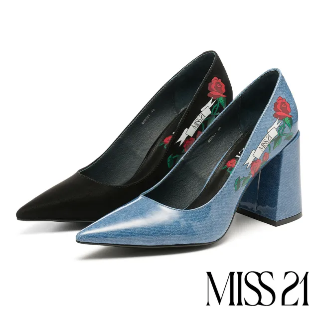 【MISS 21】叛逆搖滾少女丹寧玫瑰花LOGO全真皮尖頭高跟鞋(藍)