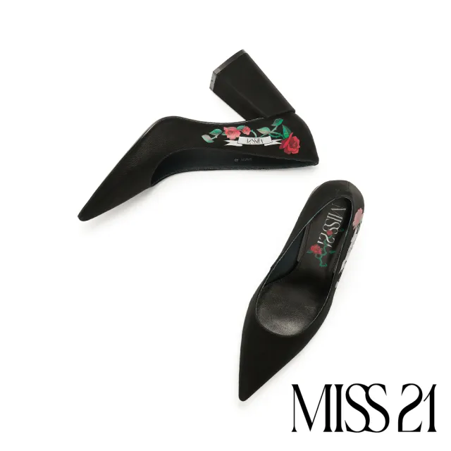 【MISS 21】叛逆搖滾少女玫瑰花LOGO全真皮純色尖頭高跟鞋(黑)
