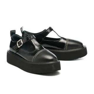 【MISS 21】復古少女全真皮T字帶魔鬼氈瑪莉珍厚底鞋(黑)