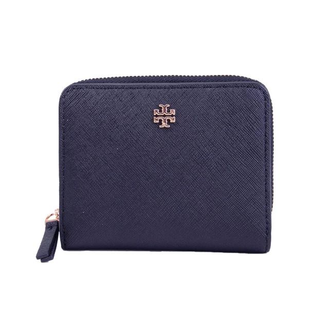 TORY BURCH Emerson 金屬LOGO防刮皮革釦式拉鍊短夾(深藍色)