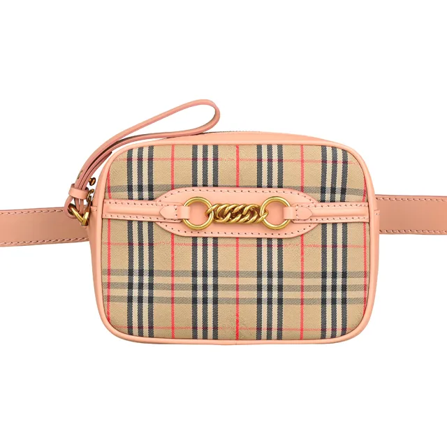 【BURBERRY 巴寶莉】BURBERRY Link戰馬緹花LOGO格紋帆布拼接牛皮拉鍊腰包(典藏米x蜜桃粉)
