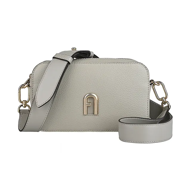 【FURLA 芙拉】FURLA Primula系列立體金屬拱門造型LOGO荔枝紋設計小牛皮拉鍊斜背包(迷你/大理石灰)