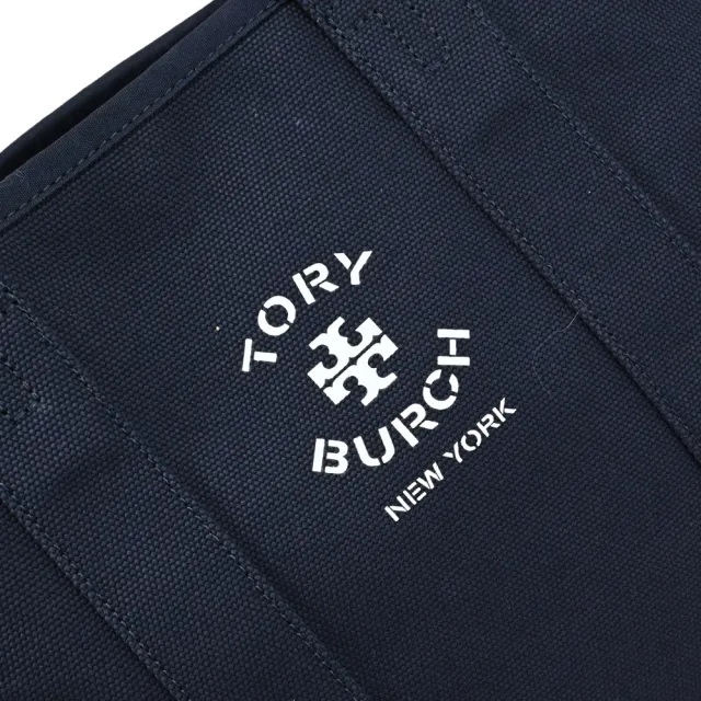 【TORY BURCH】簡約燙印LOGO素雅帆布大肩背包托特包(午夜藍)