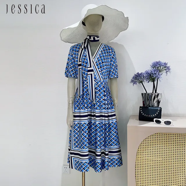【JESSICA】清新幾何印花V領短袖雪紡洋裝243749