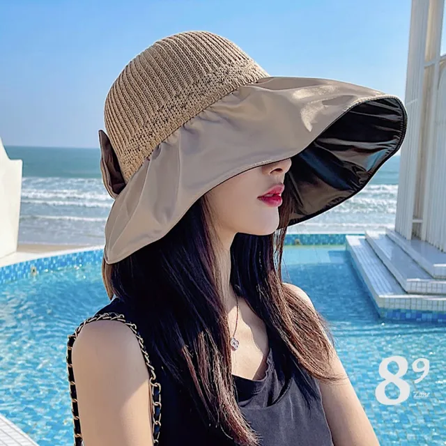 【89 zone】法式蝴蝶結蕾絲 草帽 大簷帽 沙灘帽 太陽帽 漁夫帽(黃/卡其/黑)