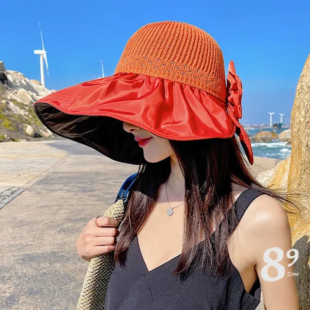 【89 zone】法式蝴蝶結蕾絲 草帽 大簷帽 沙灘帽 太陽帽 漁夫帽(黃/卡其/黑)