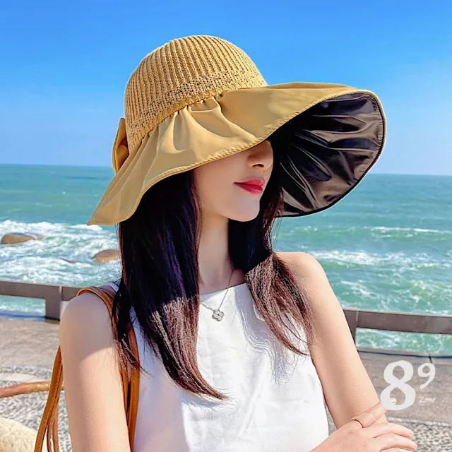 【89 zone】法式蝴蝶結蕾絲 草帽 大簷帽 沙灘帽 太陽帽 漁夫帽(黃/卡其/黑)
