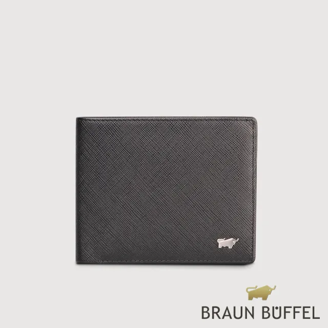 【BRAUN BUFFEL 德國小金牛】台灣總代理 尚恩A 8卡中間翻零錢袋短夾-黑色(BF354-318-BK)