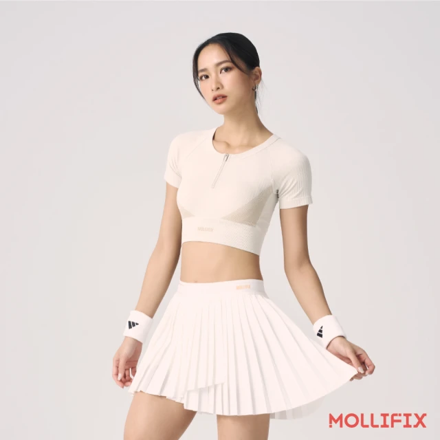 Mollifix 瑪莉菲絲 林思宇_宇宙推薦_A++前拉鍊無縫短袖BRA TOP、瑜珈服、無鋼圈、開運內衣(米卡其)