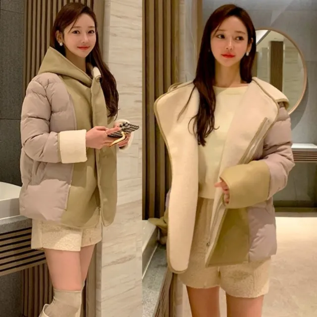 【baibeauty 白鳥麗子】高級設計感拼接撞色翻領連帽短版大衣(鋪棉外套)
