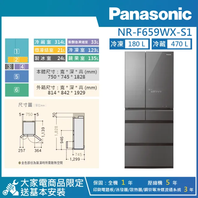 【Panasonic 國際牌】650公升 一級能效智慧節能無邊框玻璃鏡面六門電冰箱(NR-F659WX)